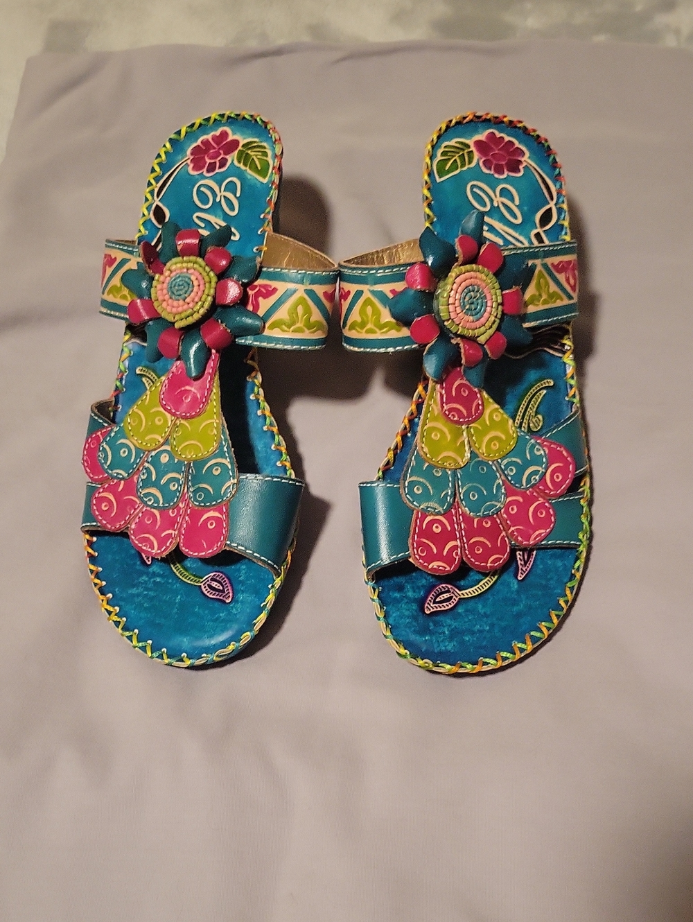 Colorful Teal Floral Slide Sandals - Women's Decorative Slip-Ons